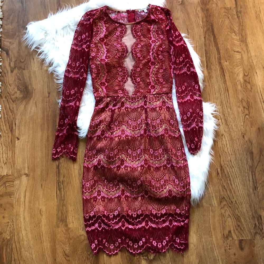 Charlotte Red Burgundy Lace Cocktail Holiday Dress